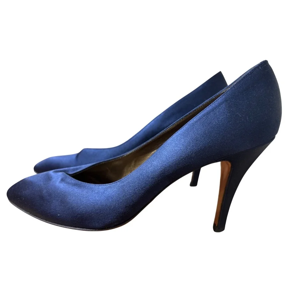 Yves Saint Laurent Vintage Navy Blue Satin Pointed Toe‎ Pumps Stiletto Heels 7N